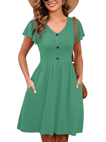 Image of Heymoments Women's Ruffle Sleeve V Neck Swing Sundress Summer Casual A-Line Midi Dress with Pockets S-2XL