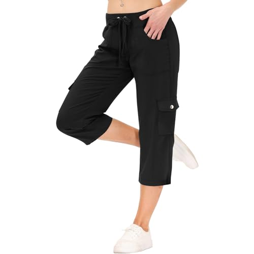 Cargo Capris for Women Summer Casual Elastic Waist Hiking Pants Travel Baggy Drawstring Capri Gaucho Pants with Pockets Cute Tall Sweat Carpenter Bermuda Y2k Streetwear Tactical Comfy Sweatpants3