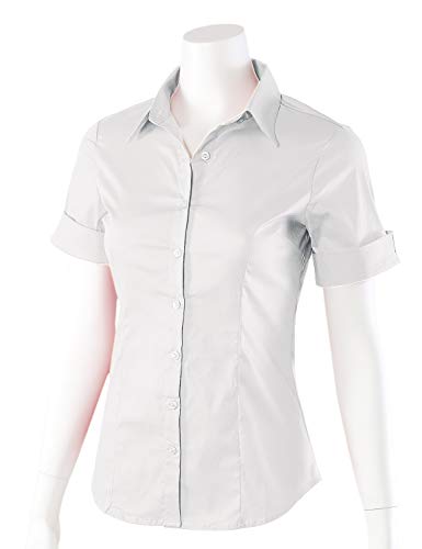 MAYSIX APPAREL Womens Short Sleeve Stretchy Button Down Collar Office Formal Shirt Blouse White L