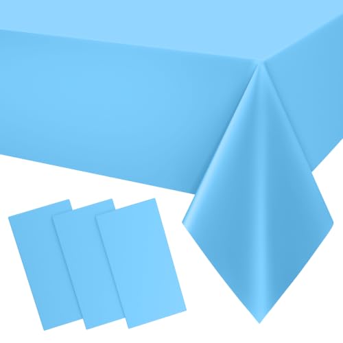 Image of Smiry Disposable Table Cloth 3 Pack, 54 x 108 Inch Waterproof Plastic Tablecloth, Decorative Rectangle Table Covers for Party, Birthday, Picnic, Light Blue