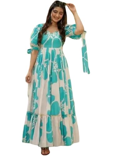 Image of Women Floral Printed Tiered Maxi Dress with Puff Sleeves, Empire Waist, Tie-Up Detail, Flared Long Dress for Casual Wear, Summer Outings, Vacation & Resort Wear - Causal Gown for Women