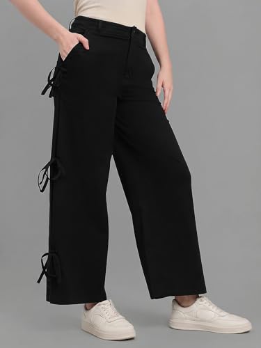 Image of GO COLORS Mostlysane Collection Cotton Pleated Pants Full Length for Women | Mid Rise, Baggy Fit, Solid