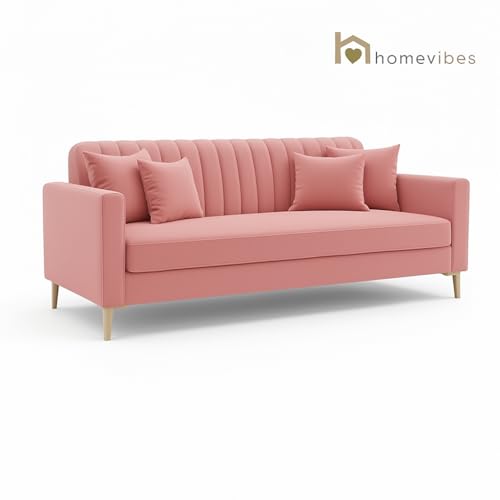 Image of 3 Seater Velum Fabric Sofa Set for Living Room, Modern Design with High Density Foam, Solid Wood Frame, Ergonomic Comfortable Seating for Home & Office (Baby Pink, 3 Seater) | Soft foam comfort, Strong wood frame