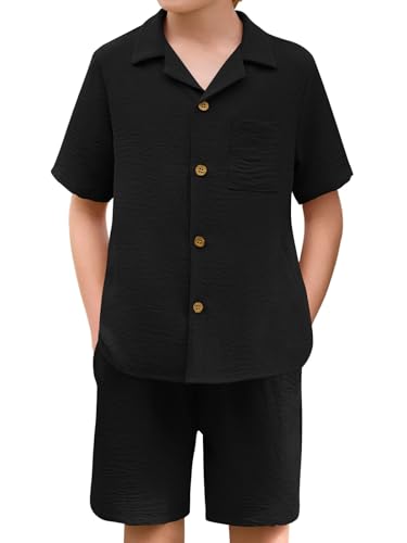 Haloumoning Boys 2 Pieces Summer Outfits Beach Short Sleeve Button Down Shirts and Shorts Vacation Texture Sets for Kids