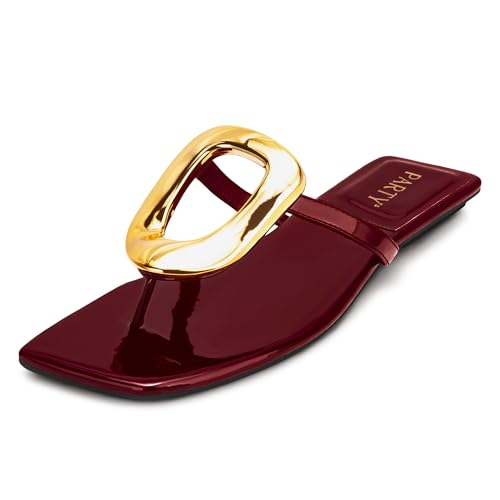 PARTY Square Toe Flip Flops Women,Fashion Designer Thong Sandals with Gold Buckle Trendy Summer Comfort Flat Sandals,BURGUNDY PU-7