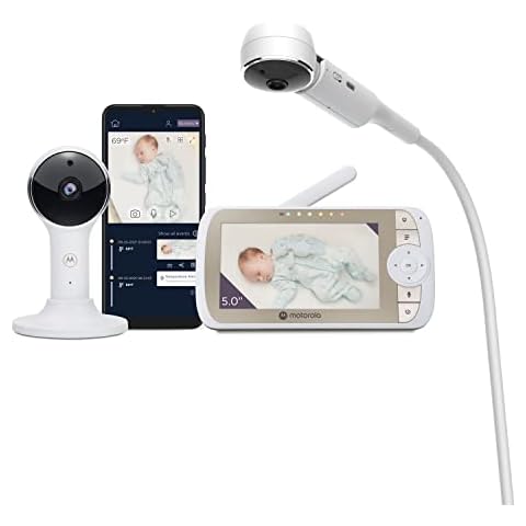 Motorola VM65X Connect - Video Baby Monitor with Crib Holder - 5 Inch Full HD 1080p Wi-Fi - Motorola Nursery App - Flexible Magnetic Holder for Camera - White Cover
