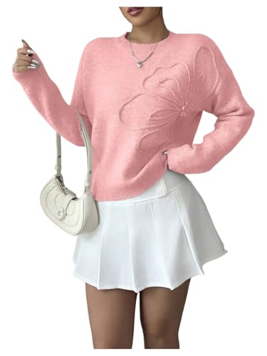 Image of RoseSeek Women's 3D Floral Appliques Crewneck Sweaters Long Sleeve Drop Shoulder Pullovers Elegant Knit Tops