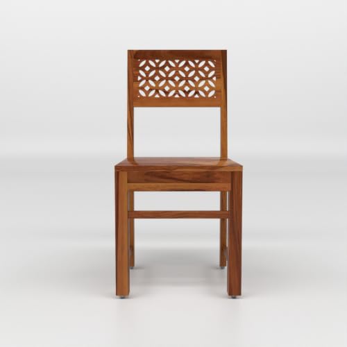 Image of Solid Sheesham Wood Dining Chair Set of 4 | Wooden Dining Chairs with Decorative Cutwork Backrest | Modern Dining Room Chairs for Home, Kitchen & Restaurant | Premium Honey Finish