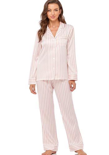 Image of Serenedelicacy Women's Satin Pajama Set Long Sleeve Button Down Sleepwear 2-Piece Silky Pj Set