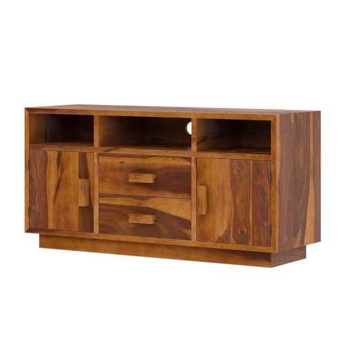 Image of Solid Wood TV Unit for Living Room 55 Inch Furniture - Wooden TV Unit with Storage Cabinet with 2 Drawr, 7 Shelves Wooden TV Cabinet for Living Room - Fits up to 55-Inch TV (Barrett)