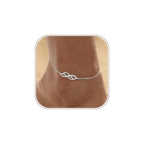 Image of VIROMY Silver Anklets for Women,Exquisite 14K Silver-Plated Zirconia Anklet,Adjustable Waterproof Anklets for Women
