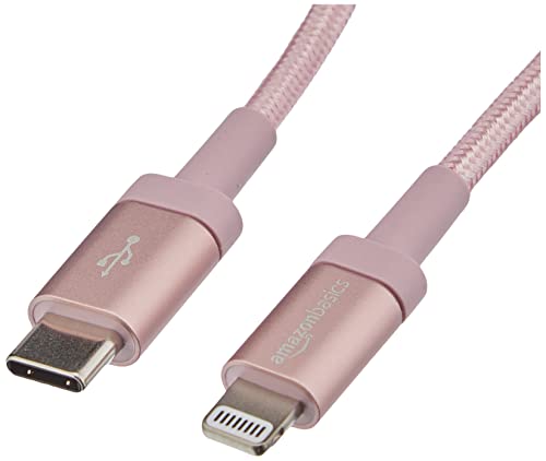 Amazon Basics - USB-C-auf-Lightning-Kabel, geflochtenes Nylon, MFi-zertifiziertes Ladekabel für iPhone 13/12/11/X/XS/XR/8, Rotgold, 0,3 m