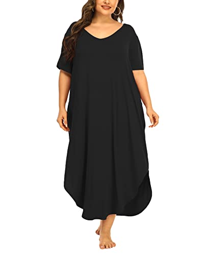 Womens Plus Size Nightgowns Sleepwear Short Sleeve Sleep Dress Maxi Night Gowns with Pockets2
