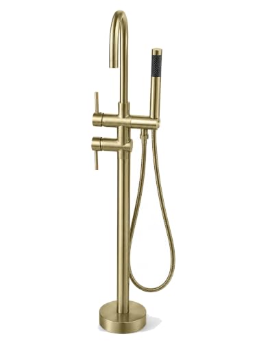 Image of Aquieen Freestanding Bathtub Filler Faucet with Hand Shower - Luxury Floor Mounted Bath Tub Tap for Modern Bathrooms | Hotels (Brushed Gold)