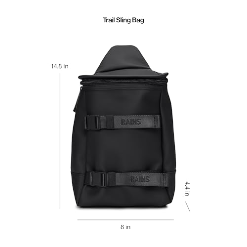 Image of RAINS Trail Sling Bag - Black Waterproof Crossbody Bag for Men and Women with Coated Zip Closure, Airmesh Back Panel and Compression Straps - 2 Year Warranty
