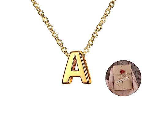 Collar para mujer con letra inicial con Hermosa caja de regalo. Acero inoxidable Colgantes con letras bisutería barata sobre con mensaje original Amigos Novios (A - Dorado)