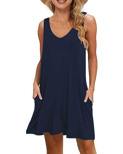 WNEEDU Damen Leichte Sommerkleid V-Ausschnit Swing Tank-Kleid Ärmellos Strandkleid Knielang mit Taschen(Navy Blau,M)., 16.99 €