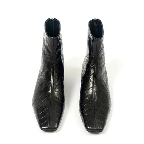 LEMUTISME Women's Stylish Square Toe Matte Leather/Suede/Animal Pattern Comfort Casual Low Flat Heel Dress Chelsea Ankle Booties3