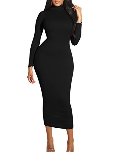 cailami Women's Basic Long Sleeve Turtleneck Midi Dress Bodycon Sexy Long Dresses, Medium, Black