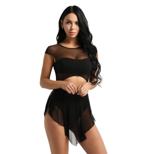 ranrann Women's Lyrical Ballet Dance Sleeveless Asymmetrical Sheer Mesh Modern Dancing Dress