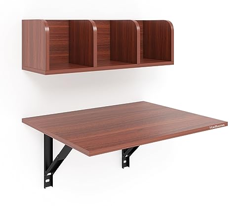 Image of Madhuran Engineered Wood Wall Mounted Folding Laptops Cum Study Table with Storage Shelf (Matte Teak) Work Home Foldable Office Study Room Books Kitchen Organizer