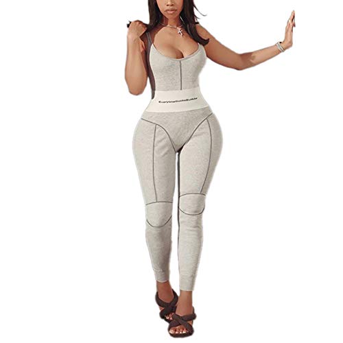 ECHOINE Womens Sexy Straps Bodycon Jumpsuit - Sleeveless Letter Print Stripe High Waist One Piece Romper Clubwear Grey