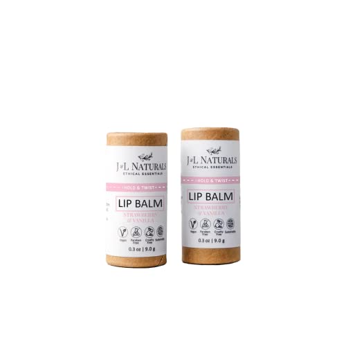 J&L Naturals Sustainable Lip Balm | Organic Ingredients, 100% Natural, Eco-Friendly | Cruelty Free, Vegan, Paraben Free, Silicone Free (Strawberry & Vanilla, 2-Piece Duo)