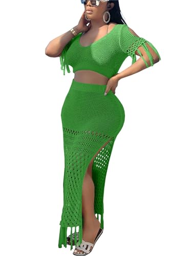 Image of CALEBGAR 2 Piece Outfits for Women Sexy Crochet Tassel Split Midi Dress Summer V Neck Knitted Hollow Crop Tops Y2K Streetwear