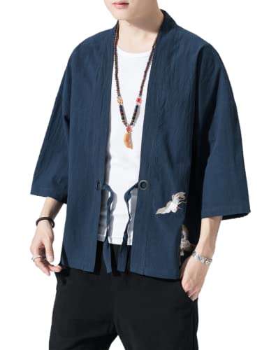 Image of Men's Japanese Kimono Cardigan Loose Cotton Linen 3 /4 Sleeve Open Front Casual Summer Shirt Jackets