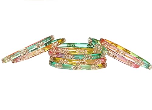 Image of Swara Creations Crystal Bangles for Women /Raindrop Kada Set /Multicolor glossy finished bangles Kadas with Silver stonework bangles for women & girls(8Pcs)(SKU265)