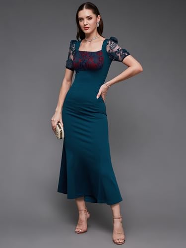 Image of Miss Chase Womens Bodycon Square Puff Sleeve Solid Lace Overlaid Ankle Length Dress