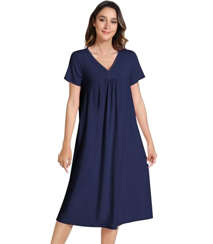 Image of NACHILA Bamboo Viscose Nightgowns for Women Short Sleeve V Neck Sleepwear