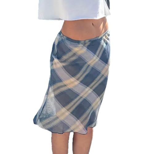 Blue Plaid Skirt Sheer High Waist Wrap Vintage Slim Fit Elegant Stretchy Summer Casual Streetwear Skirt