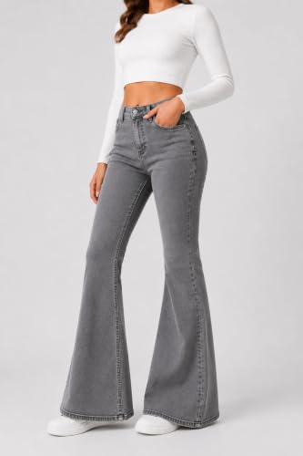 Image of Women's High Waist Bell Bottom Jeans | Flared Wide Leg Stretchable Denim Pants | Stylish Casual, Party & Everyday Wear | Denim Pant Suits | Bootcut Fit Design
