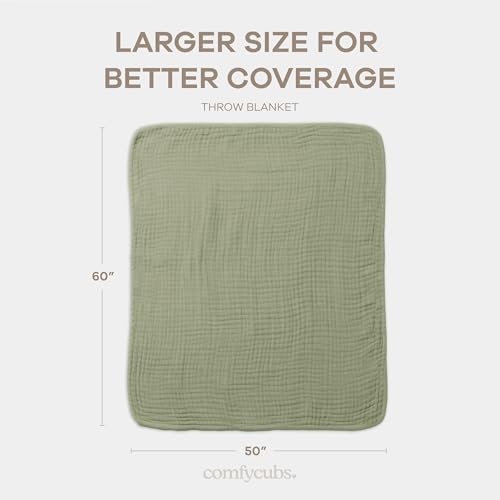 Image of Comfy Cubs Muslin Throw Blanket - 50 inch x 60 inch Quilted Design - Lightweight, Breathable 6-Layer Gauze Fabric - Soft Cotton Blanket for Home or Travel - Packaged in Elegant Gift Box - Sage