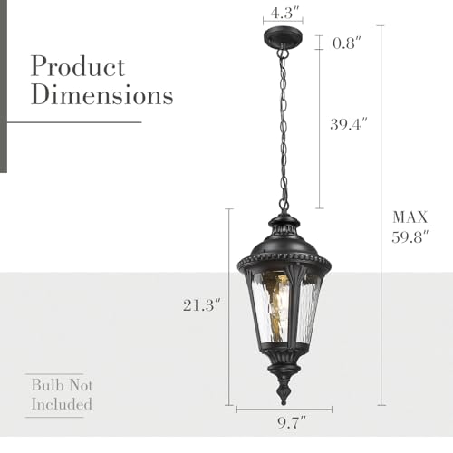 Image of Emliviar 21.3 Inch Modern Hanging Light Fixture, Adjustable Black Outside Pendant Light Fixture with Water Ripple Glass Shade for Patio, XE265H-M BK-SW