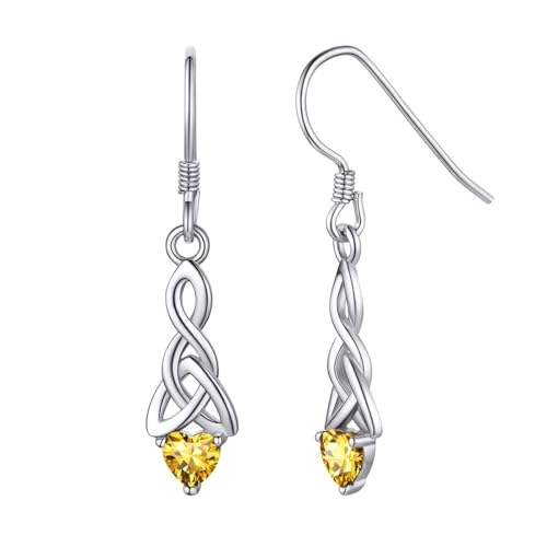 ChicSilver Pendientes Plata Mujer Celta Joyería Irlandesa Amor Eterno Pendientes Trisquel Circonita Corazón Topacio Amarillo Pendientes Mujer Plata de Ley 925
