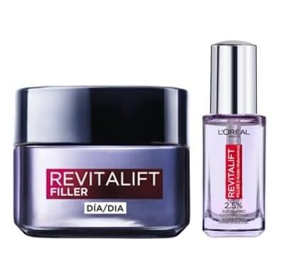 Pack L'Oréal Paris Crema de Día Rellenadora Anti-edad Revitalizante Revitalift Filler, 50 ml + L'Oreal Paris Dermo Expertise Revitalift Filler Sérum de Ojos con Ácido Hialurónico y Cafeína, 20 ml