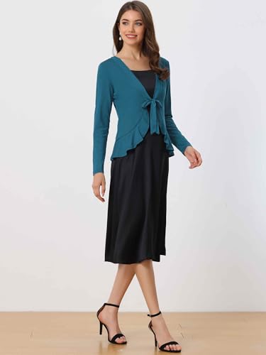Image of Allegra K Women's Tie Front Sweater Dressy Casual Cardigan Draped Ruffle Shrugs for Women Dresses X-Large Blue Green