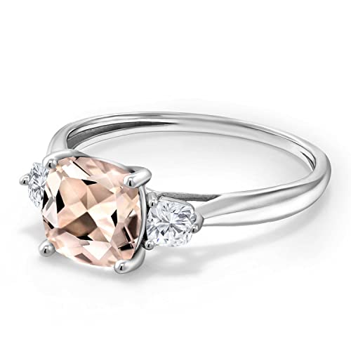 Gem Stone King 10K White Gold Peach Morganite and Moissanite 3 Stone Engagement Ring For Women (1.56 Cttw, Cushion 7MM, Gemstone October Birthstone)3