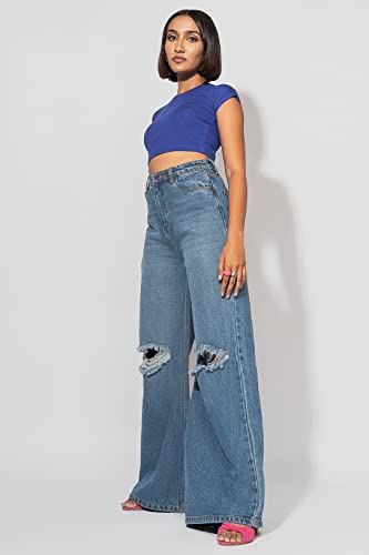 Image of FREAKINS Womens Cotton High Waist Distressed Wide Flare Jeans Regular