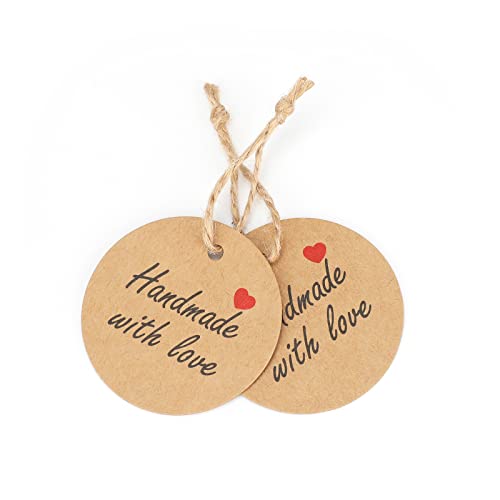 Jijacraft 100Pcs Handmade With Love Tags,100Pcs Kraft Paper Gift Tags With String,Made With Love Gift Wrap Tags 2” Round Brown Label Tags For Home Made Crafts,Candle Tins,Wedding&Birthday Party Favors #TOP3