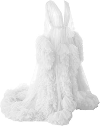 Image of BATHGOWN Sexy Illusion Long Lingerie Tulle Robe Nightgown Bathrobe Sleepwear Bridal Robe Wedding Scarf
