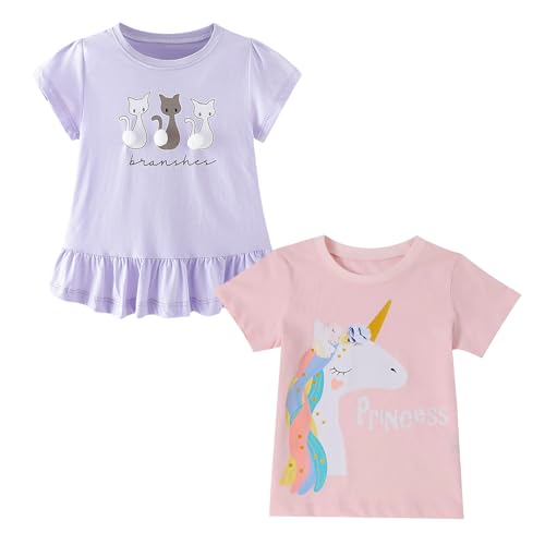 Codkkre Camisetas de Manga Corta para Niñas T-Shirts Algodón de Unicornio Ropa de Verano para Niña, Gato Morado/Unicornio Rosa, 8 años