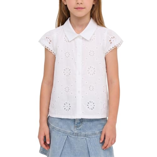 Image of Girls Button Down Blouse with Peter Pan Collar - Classic Short-Sleeve Kids Shirt Top