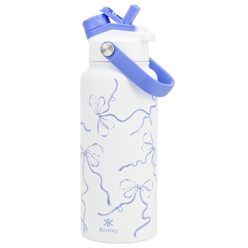 KEWIXY 32 oz Bow Water Bottle, 2-in-1 Lid, Straw & Spout with Protected, Leak Proof, Keep Cold, Stainless Steel, Metal, Reusable, Handle, for Travel, Gym and School, Breeze Blue Bow