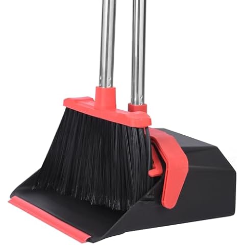 Tiumso Upgrade Broom and Dustpan Set, 51'' Sturdy Long Handle, Large Upright Stand Up Broom and Dustpan, ZeroGap Lip, Self-Cleaning Dustpan Teeth for Lobby Kitchen Office Floor - Black and Red Cover