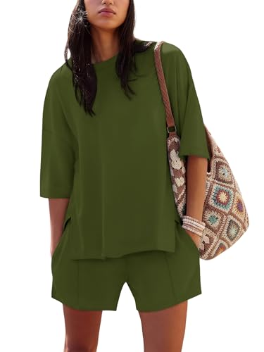 Image of COCCKO Womens Shorts Sets Matching Lounge Two Piece Outfits Summer Cute Casual Vacation Short Sleeve 2 Piece Set