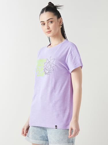 Image of Bewakoof Women's Cotton Slub Relaxed Fit Air 1.0 Official Rick and Morty Merchandise Graphic Printed Boyfriend Fit Half Sleeve Round Neck T-Shirt