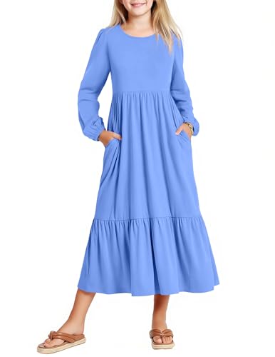 Image of Arshiner Girls Maxi Dresses Lantern Long Sleeve Casual Holiday Dress with Pockets for 5-14 Y